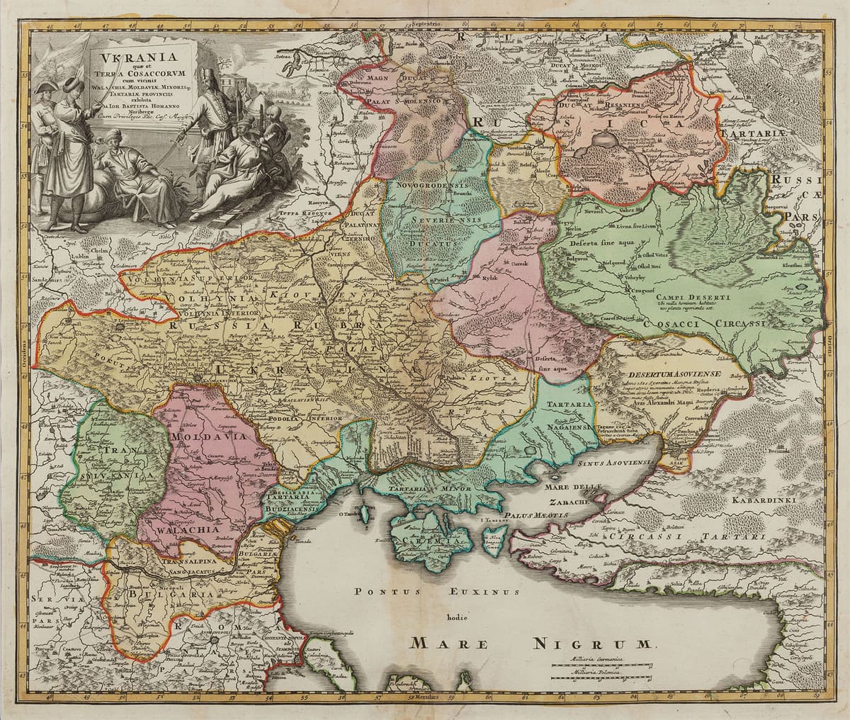 VKRANIA QUÆ ET TERRA COSACCORVM CUM VICINIS WALACHIÆ, MOLDAVIÆ, MINORIS, TARTARIÆ PROVINCIIS / EXHIBITA A IOH. BAPTISTA HOMANNO