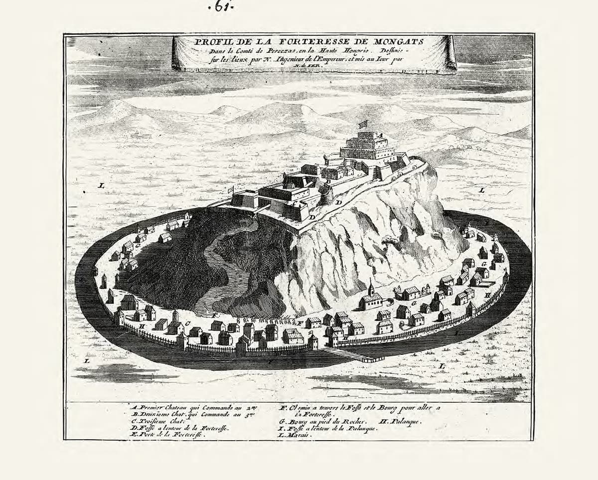 [N. DE FER.] PROFIL DE LA FORTERESSE DE MONGAST DANS LE COMTÉ DE PERECZAS, EN LA HAUTE HONGRIE. DESSINÉE SUR LES LIEUX PAR N. INGENIEUR DE L’EMPEREUR, ET MIS AU JOUR PAR N. DE FER. = [Н. ДЕ ФЕР. ПЛАН МУКАЧІВСЬКОЇ ФОРТЕЦІ.]