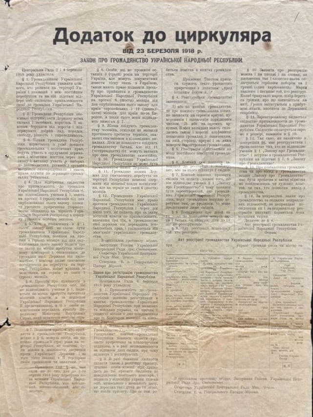 Додаток до циркуляра від 23 березоля 1918 р. Закон про громадянство Української Народньої Республіки