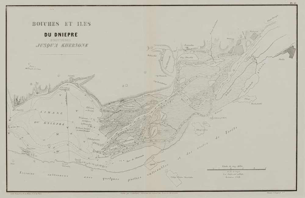 [Карта.] Bouches et iles du Dniepre Borysthenes Jusqu'a Khersone = [Гирла та острови Дніпра до Херсона]. XIX ст.